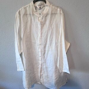 White lightweight linen Nehru style embroidered button down shirt size 3X